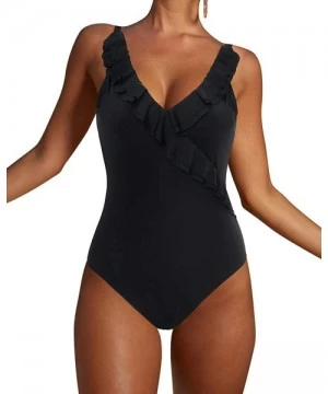 One-Pieces Women Ruffle V Neck One Piece Swimsuits Color Block Backless Bathing Suit - 37 Black - C51965D28CR