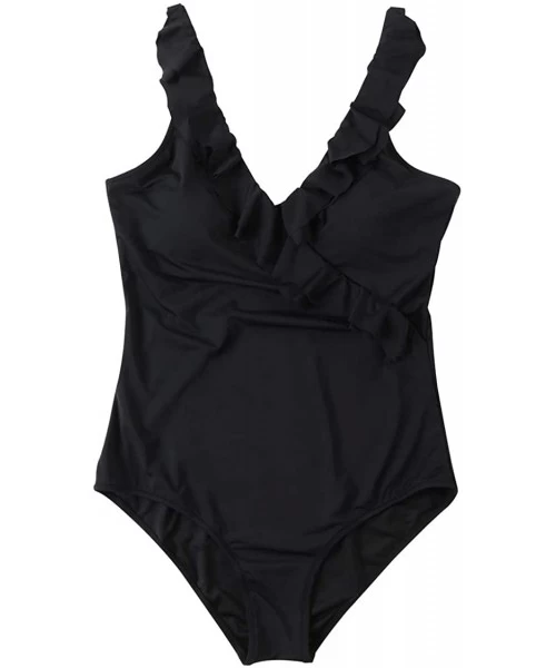 One-Pieces Women Ruffle V Neck One Piece Swimsuits Color Block Backless Bathing Suit - 37 Black - C51965D28CR