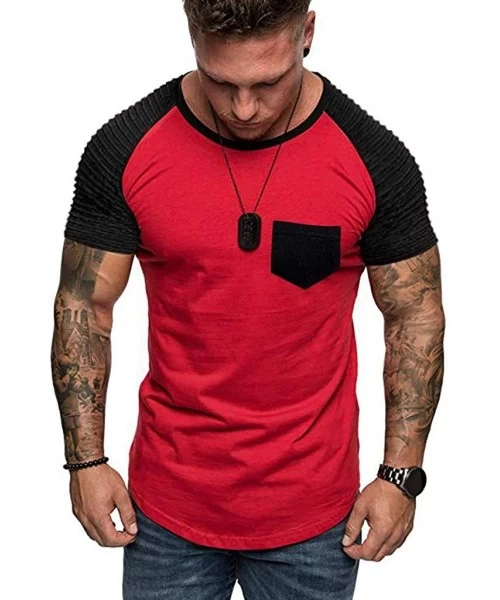 Rash Guards Casual Short Sleeve Slim Fit T-Shirt Fashion Pleated O Neck Short Sleeve Shirt Basic Tee Running Tops - Red - CA1...