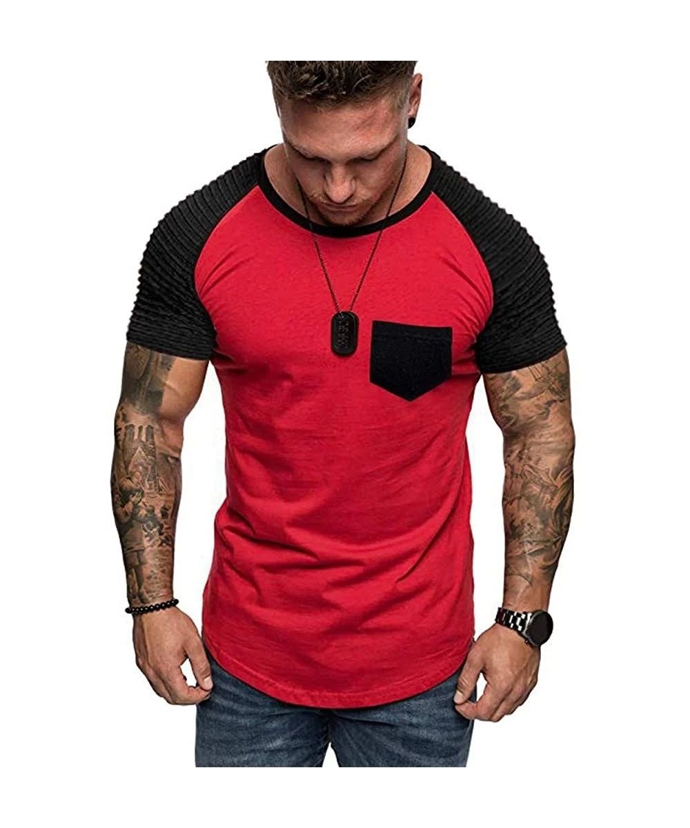 Rash Guards Casual Short Sleeve Slim Fit T-Shirt Fashion Pleated O Neck Short Sleeve Shirt Basic Tee Running Tops - Red - CA1...