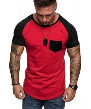 Rash Guards Casual Short Sleeve Slim Fit T-Shirt Fashion Pleated O Neck Short Sleeve Shirt Basic Tee Running Tops - Red - CA1...