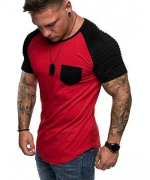 Rash Guards Casual Short Sleeve Slim Fit T-Shirt Fashion Pleated O Neck Short Sleeve Shirt Basic Tee Running Tops - Red - CA1...