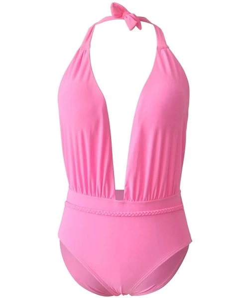 One-Pieces Women's Sexy Plunging Neckline Halter Backless One Piece Swimsuit - Pink - C418SCS6A6U