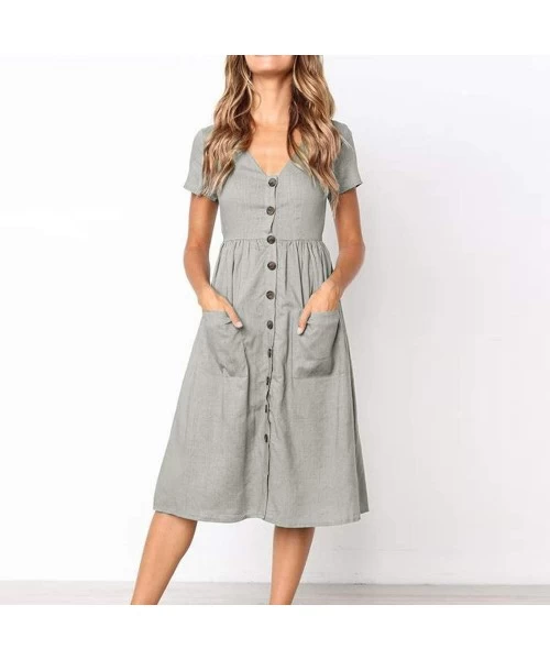 Board Shorts Womens Holiday Summer Beach Solid Short Sleeve Buttons Party Dress - Gray - CH18S9E9UD8