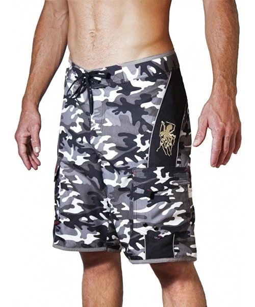 Board Shorts Men's Camo Board Shorts - Embroidered Octopus | Quick Dry Triple Stitch Swim Trunks - Black/White - CK18HAAO04K