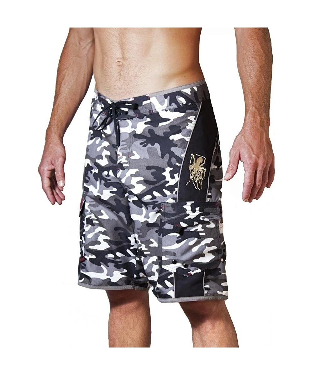 Board Shorts Men's Camo Board Shorts - Embroidered Octopus | Quick Dry Triple Stitch Swim Trunks - Black/White - CK18HAAO04K