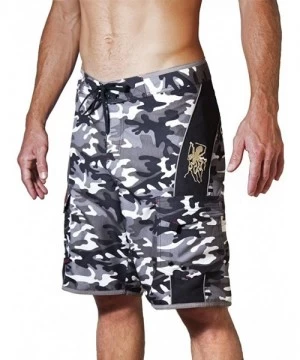 Board Shorts Men's Camo Board Shorts - Embroidered Octopus | Quick Dry Triple Stitch Swim Trunks - Black/White - CK18HAAO04K