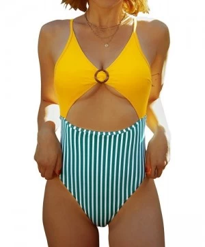 One-Pieces Women's Yellow Striped O Ring Cutout One Piece Swimsuit - CB19DWGHT5Z