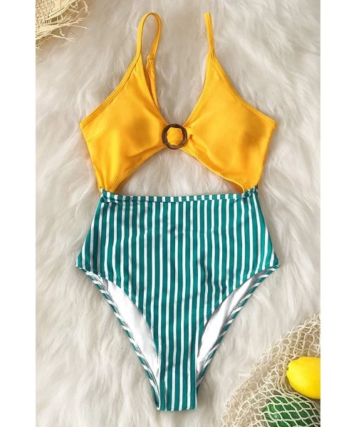 One-Pieces Women's Yellow Striped O Ring Cutout One Piece Swimsuit - CB19DWGHT5Z