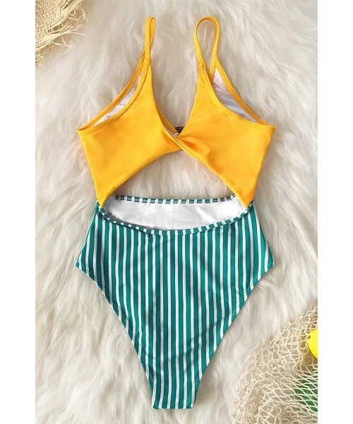 One-Pieces Women's Yellow Striped O Ring Cutout One Piece Swimsuit - CB19DWGHT5Z