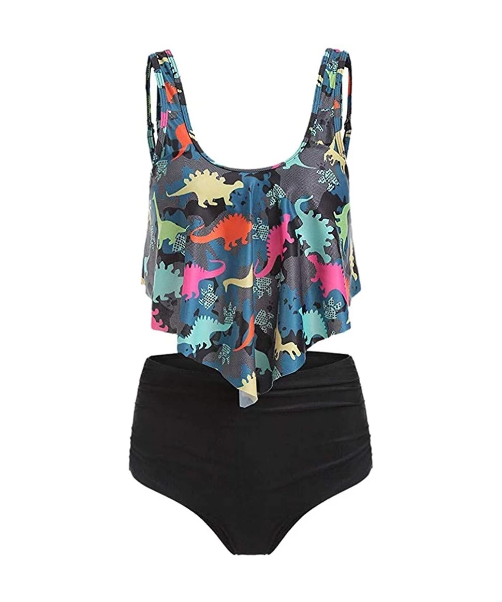 Racing Swimsuits for Women Dinosaur Print Two Piece Bathing Suits Flounce Ruffled Top with High Waisted Bottom Tankini Green ...