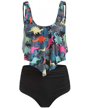 Racing Swimsuits for Women Dinosaur Print Two Piece Bathing Suits Flounce Ruffled Top with High Waisted Bottom Tankini Green ...