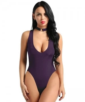 One-Pieces Women's One Piece High Cut Bodysuit V Neck Sleeveless Choker Collar Romper Clubwear - Purple - C218NU6XQCN