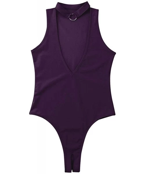 One-Pieces Women's One Piece High Cut Bodysuit V Neck Sleeveless Choker Collar Romper Clubwear - Purple - C218NU6XQCN