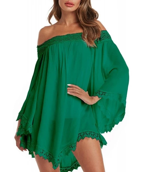 Cover-Ups Women Sexy Off Shoulder Blouses Loose Mini Dress Summer Beach Tunic Cover Up Shirt - 1-green - CK199ME00CA