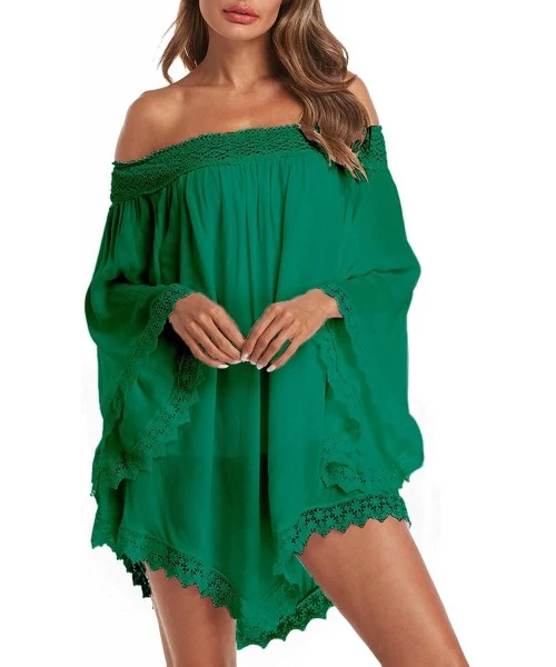 Cover-Ups Women Sexy Off Shoulder Blouses Loose Mini Dress Summer Beach Tunic Cover Up Shirt - 1-green - CK199ME00CA