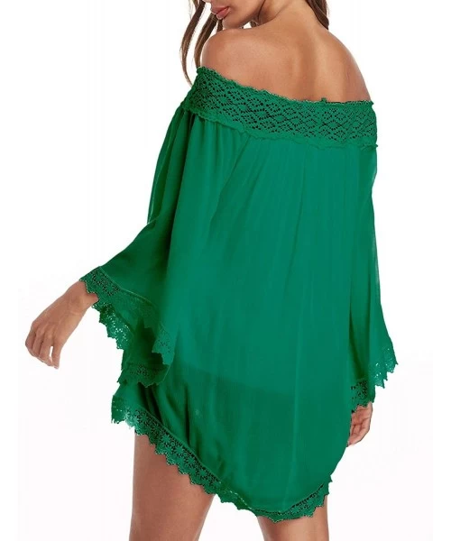 Cover-Ups Women Sexy Off Shoulder Blouses Loose Mini Dress Summer Beach Tunic Cover Up Shirt - 1-green - CK199ME00CA