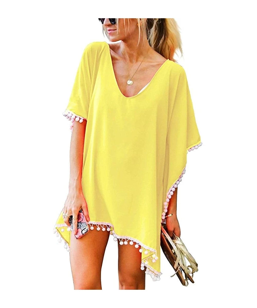 Cover-Ups Womens Swimsuit Beach Cover Up - Pom Pom Trim Kaftan Chiffon Tassel Bikini Swimwear Bathing Cover-Ups - Yellow - C9...