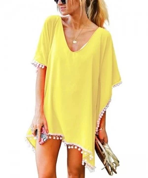 Cover-Ups Womens Swimsuit Beach Cover Up - Pom Pom Trim Kaftan Chiffon Tassel Bikini Swimwear Bathing Cover-Ups - Yellow - C9...