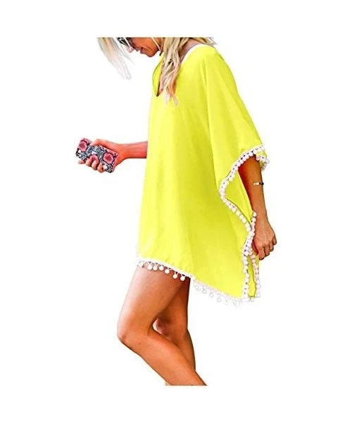 Cover-Ups Womens Swimsuit Beach Cover Up - Pom Pom Trim Kaftan Chiffon Tassel Bikini Swimwear Bathing Cover-Ups - Yellow - C9...