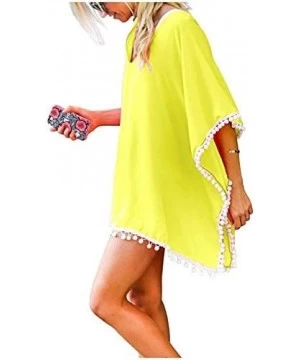 Cover-Ups Womens Swimsuit Beach Cover Up - Pom Pom Trim Kaftan Chiffon Tassel Bikini Swimwear Bathing Cover-Ups - Yellow - C9...