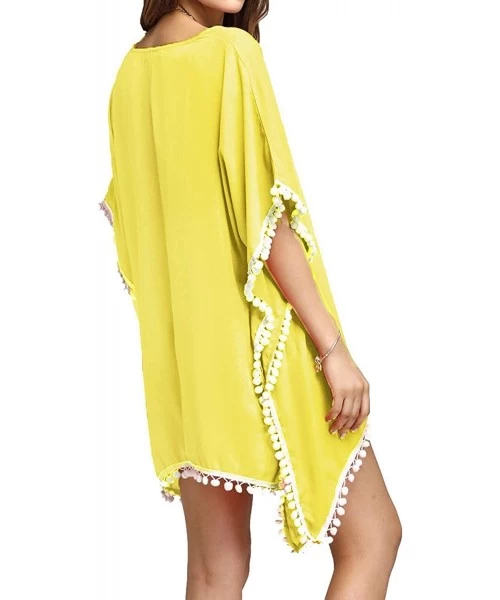 Cover-Ups Womens Swimsuit Beach Cover Up - Pom Pom Trim Kaftan Chiffon Tassel Bikini Swimwear Bathing Cover-Ups - Yellow - C9...