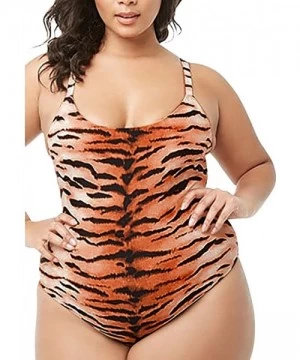 One-Pieces Fashion Women Plus Size Casual O-Neck Cross Lace Up Tiger Printed Swimwear 2019 New Swimsuit for Women - Orange - ...