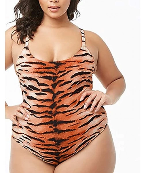 One-Pieces Fashion Women Plus Size Casual O-Neck Cross Lace Up Tiger Printed Swimwear 2019 New Swimsuit for Women - Orange - ...