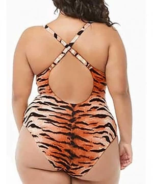 One-Pieces Fashion Women Plus Size Casual O-Neck Cross Lace Up Tiger Printed Swimwear 2019 New Swimsuit for Women - Orange - ...