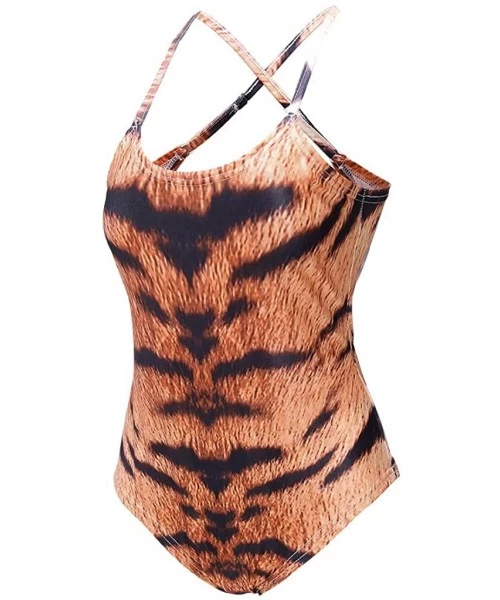 One-Pieces Fashion Women Plus Size Casual O-Neck Cross Lace Up Tiger Printed Swimwear 2019 New Swimsuit for Women - Orange - ...