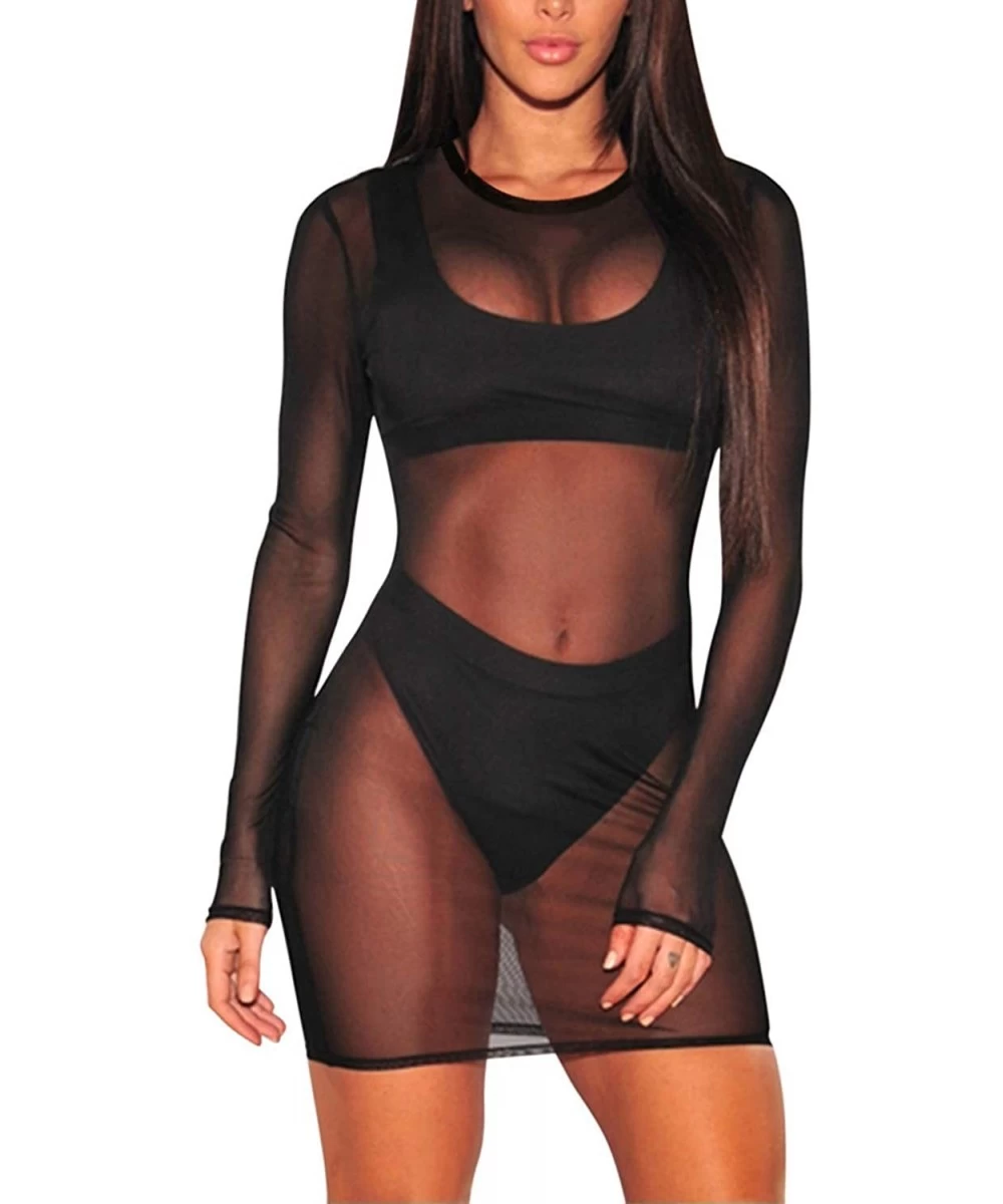 Cover-Ups Women's Sheer Mesh Long Sleeve See Through Beach Cover Up - Black - CM198OLGW05