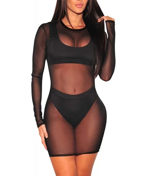 Cover-Ups Women's Sheer Mesh Long Sleeve See Through Beach Cover Up - Black - CM198OLGW05