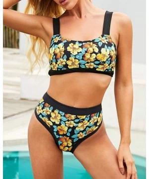 Sets Womens Striped Bikini Set Two Piece Swimsuits Push Up Bathing Suit Halter Bikini Swimwear - Yellow Flower - CT198QS0I7D