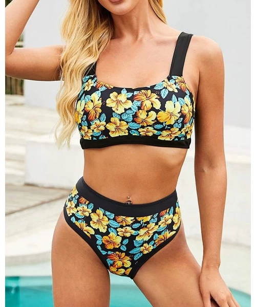 Sets Womens Striped Bikini Set Two Piece Swimsuits Push Up Bathing Suit Halter Bikini Swimwear - Yellow Flower - CT198QS0I7D