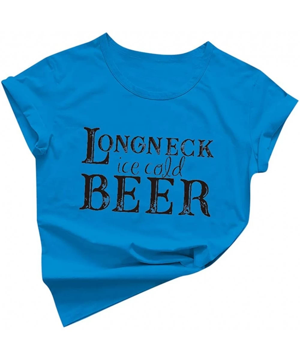 Rash Guards Longneck Ice Cold Beer Shirt Women T-Shirts with Funny Sayings for Women Letters Print Drinking Tee Tops - Blue -...