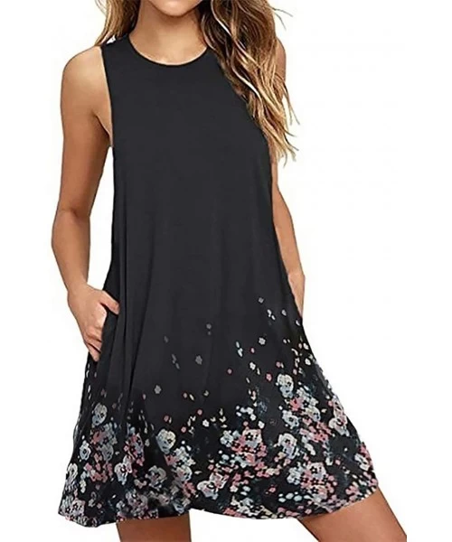 Cover-Ups Sleeveless A line Dress Floral Beach Dress Lounge Tank Dress Tunic Style with Two Pockets Black - C519CM4A70O