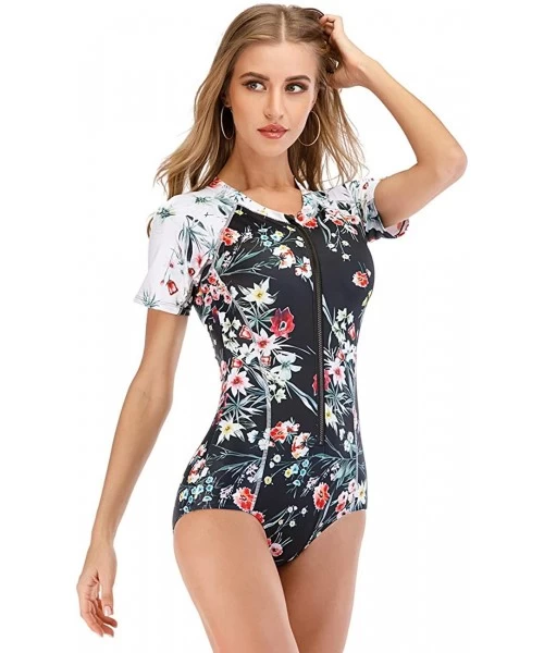 One-Pieces Womens Rashguard Swimsuit Zip Front Print Short Sleeve One Piece Swimwear - 6 Black - CH190EQ9IL9