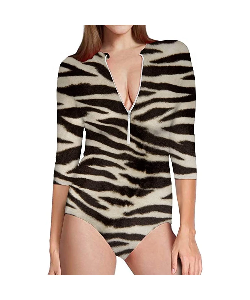 Rash Guards Women Rashguard Long Sleeve Zip UV Protection Printed Surfing Swimsuit Swimwear Bathing Suits - Zebra - CE18QWCEHLX