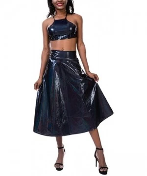 Cover-Ups Women's Glitter Holographic Skirt Shiny Metallic Midi Skirt Pleated A-line Party Maxi Skirt with Pocket Dance Outfi...