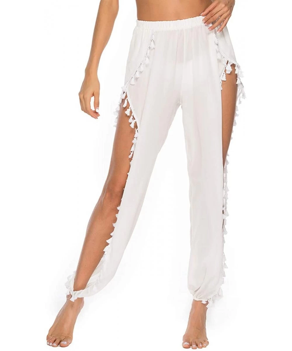 Cover-Ups Womens Crochet Net Hollow Out Beach Pants Sexy Swimsuit Cover Up Pants - White 5 - C018RY6LDWX