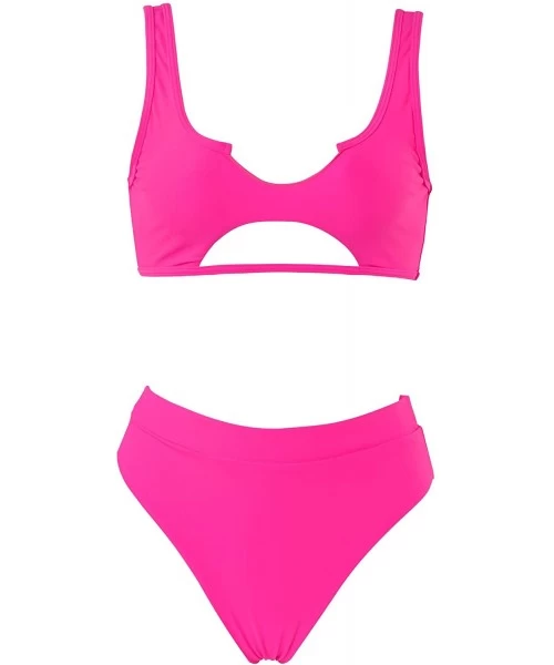 Sets Women Halter Fashion Sexy Swimwear 2 Pieces Swimsuit Bikini Set with Small Strap - 1-hot Pink - CW193QOA0WK