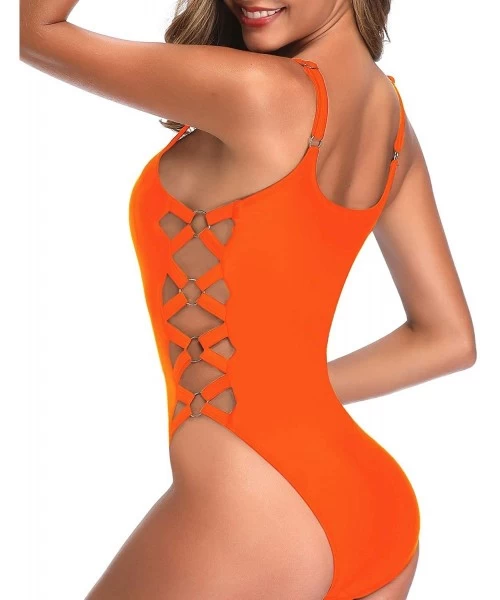 One-Pieces Women One Piece Bathing Suit Slimming Crisscross Lace Up Swimsuit - Orange - C618YIH0QOC