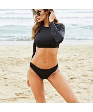 Sets Boho Long Sleeve Crop Tops High Cut Bottom Bathing Suits Black - CS18QQ4HSR3