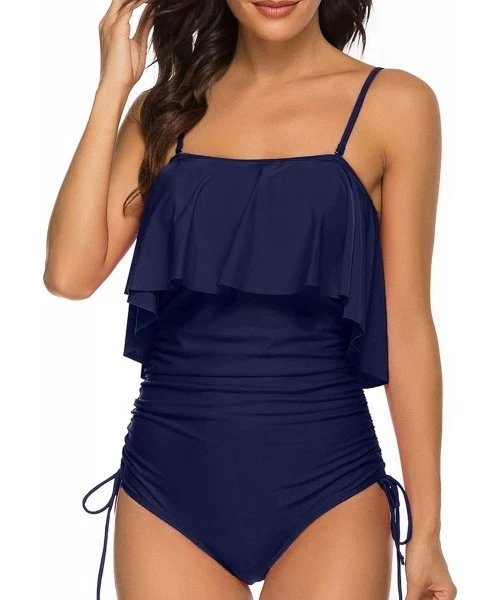 One-Pieces Women 1 Piece Sexy Bandeau Ruffle Flounce Tummy Control Swimsuit - Navy Blue - C91948HS7WD