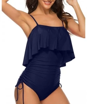 One-Pieces Women 1 Piece Sexy Bandeau Ruffle Flounce Tummy Control Swimsuit - Navy Blue - C91948HS7WD