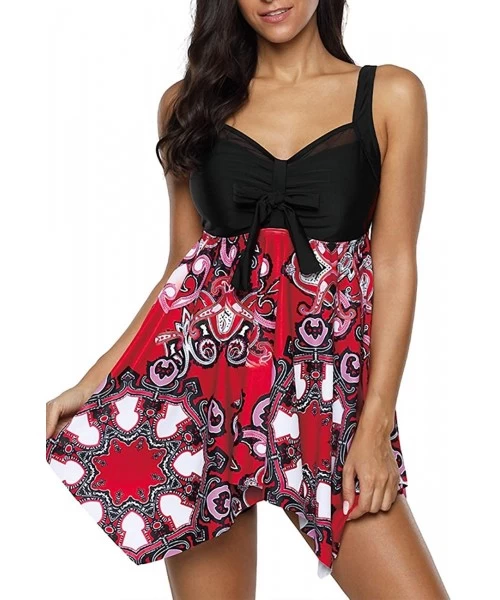 One-Pieces Women Paisley Printed Swimdress Tummy Control Two Piece Swimsuit Tankini M-3X - Red Paisley - CW190L67EZD