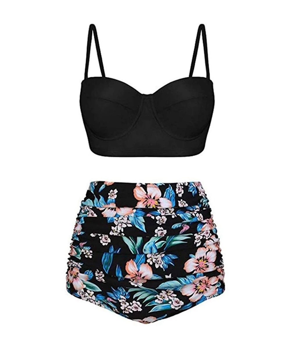 Sets Women High Waist Bikini Set Floral 2 Piece Swimsuit Bathing Suit Swimwear - Black Blue Pink - CP190E3I80W