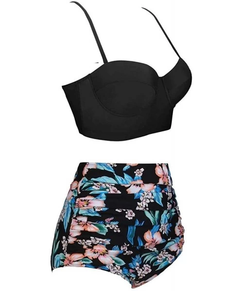 Sets Women High Waist Bikini Set Floral 2 Piece Swimsuit Bathing Suit Swimwear - Black Blue Pink - CP190E3I80W