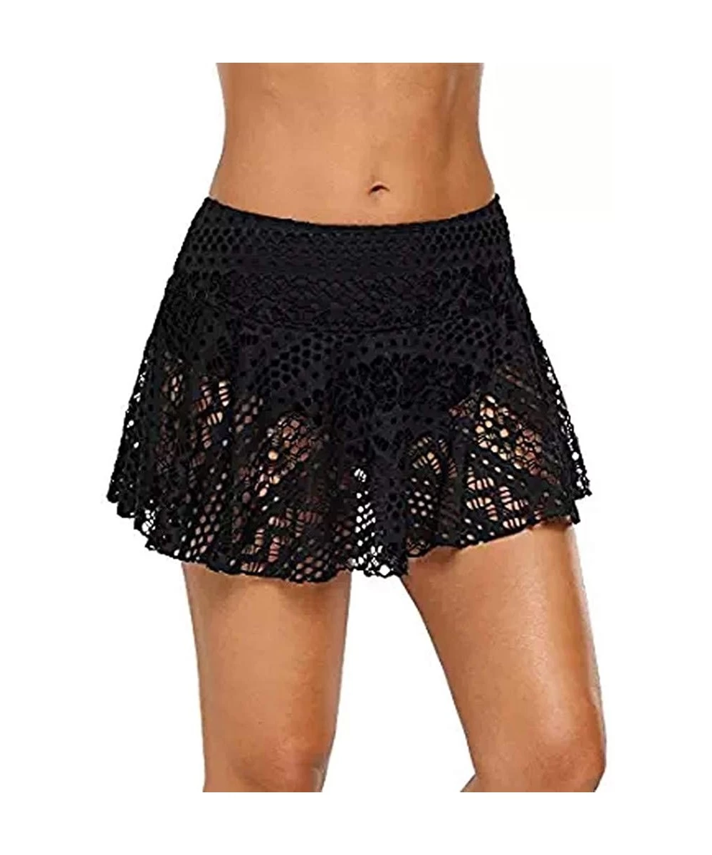 Tankinis Beach Board Shorts Women- Women's Lace Crochet Skirted Bikini Bottom Swimsuit Short Skort Swim Skirt - Black - CN18R...