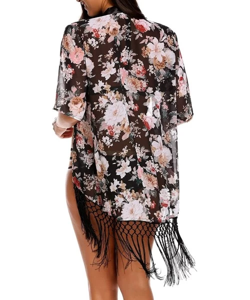 Cover-Ups Women's Floral Printed Chiffon Loose Kimono Cardigan Beach Cover Up Capes - Black - C8184X7TI6X